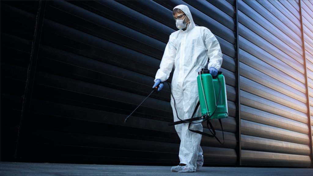 Professional pest control expert spraying inside a modern Dubai apartment – best pest control in Dubai
