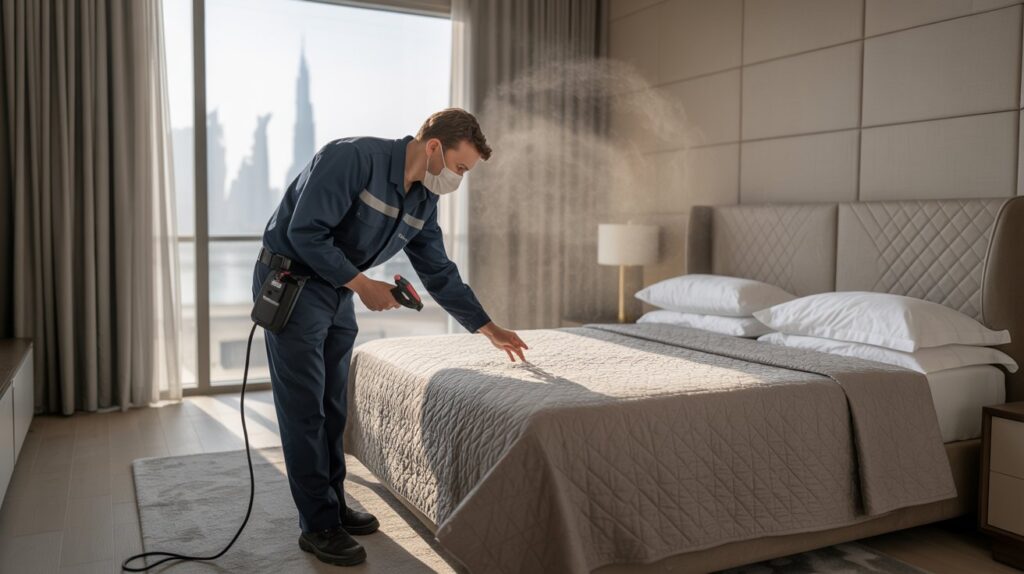 Bed bugs control in Dubai and Sharjah – professional pest control technician treating a modern apartment bedroom for bed bugs with safe and effective methods